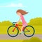 Girl riding in park. Woman rides bicycle on park road. Female character doing sports outdoors