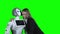Girl with the robot is photographed and take a selfie . Green screen. Slow motion