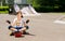 Girl in rollerblades sitting meditating