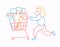 Girl rolls shopping cart with purchases. Sale at store. Thin line flat design, vector illustration in bright colors