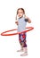 The girl rotates a gymnastic hoop