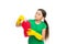 Girl in rubber gloves for cleaning hold big plastic bottle chemical soap liquid white background. Help clean up. Use