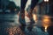 A Girl runner makes a morning run in a city street. Sneaker shoes closeup. Jogging, running, wellness, fitness, health concept.