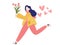 Girl running fast holding pink flower rose full of love shape heart
