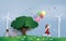 The girl running in the field with balloon.