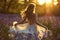 girl running through a field of bluebells at sunset, with her dress rippling in the wind