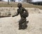 Girl running in a Wagon Train in \\\'Pioneer Courage\\\' in Pioneer Courage Park in Omaha, Nebraska.