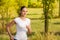 Girl running in white t-shirt