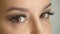 Girl`s face with long false lashes opens her brown eyes and looks at camera. Closeup beautiful female model with