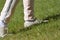 The girl`s feet in sneakers walk on the green grass