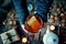 Girl`s hands holding honey jar in Christmas theme