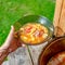 The girl`s hands outdoors in the field holding a transparent plate of soup borscht with meat and vegetables.