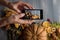 Girl`s hands with telephone, photographs composition with tea and fruit.