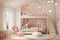 A girl's room in muted pink tones. A white loft bed, luxurious pink seating create a whimsical space