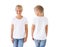 Girl`s white t-shirt mockup template, front and back