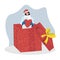 A girl in a Santa Claus hat climbed out of a gift box with a heart in her hands, and snow swirls around her. Flat Vector