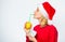 Girl santa hat drink juice lemon straw while hold pile of money. Rich girl with lemon and money. Woman lemon millionaire