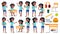 Girl Schoolgirl Kid Poses Set Vector. Black. Afro American. High School Child. Children Study. Knowledge, Learn, Lesson