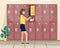 Girl schoolgirl about school locker with things. School corridor. Flat vector illustration