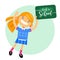 Girl schoolgirl with a sign back to school. Vector illustration of a flat design, element, congratulation cards, banners