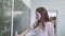 Girl schoolgirl washes board in classroom.