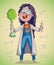 Girl scientist excited by discovery. Cartoon character.