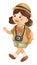Girl scout with hiking suit hold camera . Realistic watercolor paint with paper textured . Cartoon character design . Vector