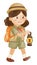 Girl scout with hiking suit hold lamp . Realistic watercolor paint with paper textured . Cartoon character design . Vector