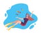 Girl Scuba Diver Swimming under the Water with Small Fishes, Underwater Marine Life, Extreme Sport or Hobby Flat Vector
