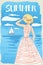 Girl on a seascape with sailboat, hand drawn linen vector illustration