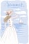 Girl on a seascape with sailboat, hand drawn linen vector illustration