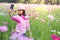 Girl selfie camera selfie smart phone in flower garden