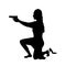 Girl shooting, female isolated silhouette. Beautiful woman spy in shootout. Heroine sit and aims, film action style. Vector