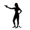 Girl shooting, female isolated silhouette. Beautiful woman spy in shootout. Heroine stands and aims, film action style. Vector
