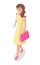 The girl shopper holds package vector illustration. Young girl in yellow dress with pink paper bag