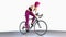 Girl with short purple hair on bicycle, athletic woman in sports outfit riding a bike on white background, 3D render