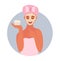 Girl after shower holds cream jar in her hands. white mask on her face. Self-care concept, cosmetology, cosmetics. Cartoon hand