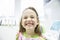 Girl showing her healthy milk teeth at dental office