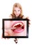 Girl showing ipad tablet touchpad with dental photo of teeth