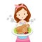 Girl Showing Roast Chicken On Dish