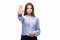 Girl showing stop sign with palms isolated on a white background