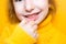 Girl shows her teeth-pathological bite, malocclusion, overbite. Pediatric dentistry and periodontics, bite correction. Health and