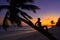 Girl silhouette palm tree Caribbean sunset