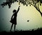 Girl silhoutte harvest the pear, fruit harvest scene, summer memories, nature product concept,