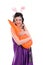 Girl in a silk dress, with rabbit ears and carrot