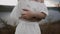 Girl with silver bracelet in white delicate dress bare shoulders, arms crossed