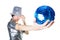 Girl with silver hat holding blue disco ball