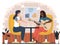 Girl sings song to her friend and plays guitar. Women rest and spend time together in cafe