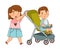 Girl Sister Pushing Baby Buggy with Her Little Brother Walking as Family Relations Vector Illustration