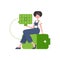 The girl sits on a battery and holds a solar panel in her hands. Eco energy concept. Isolated. Vector illustration.